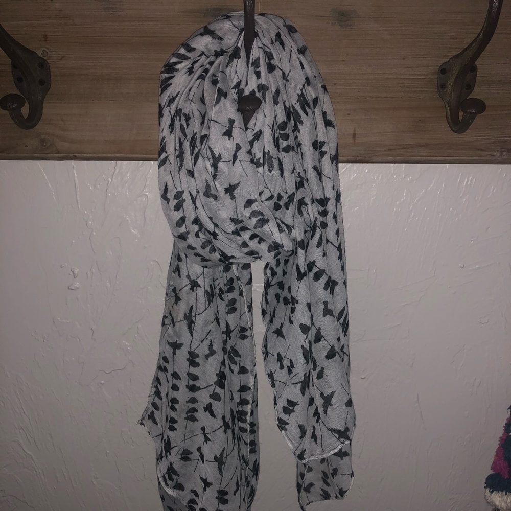Sheer White Scarf With Blackbird Detail